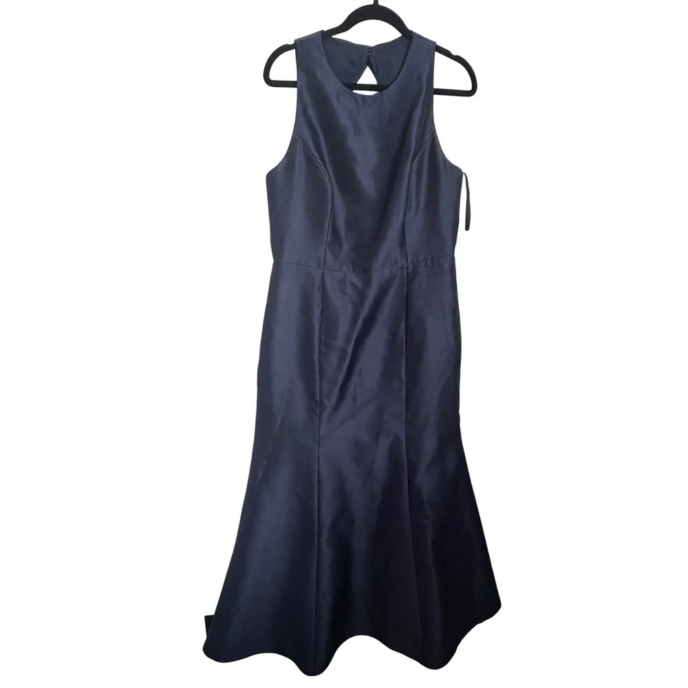 Alfred Sung D823 Midnight Navy Blue Bow Back Trumpet Maxi Gown Dress 16R - Picture 3 of 9